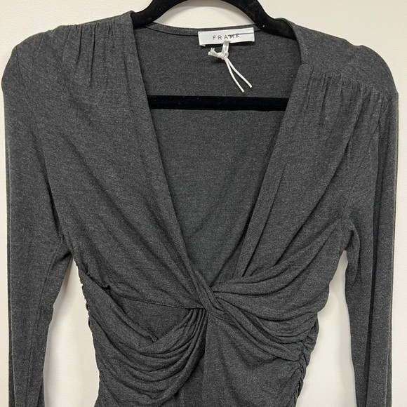 Frame Womens Plunge Twist Neck Long Sleeve Knit Top in Charcoal Heather Small - Picture 4 of 14